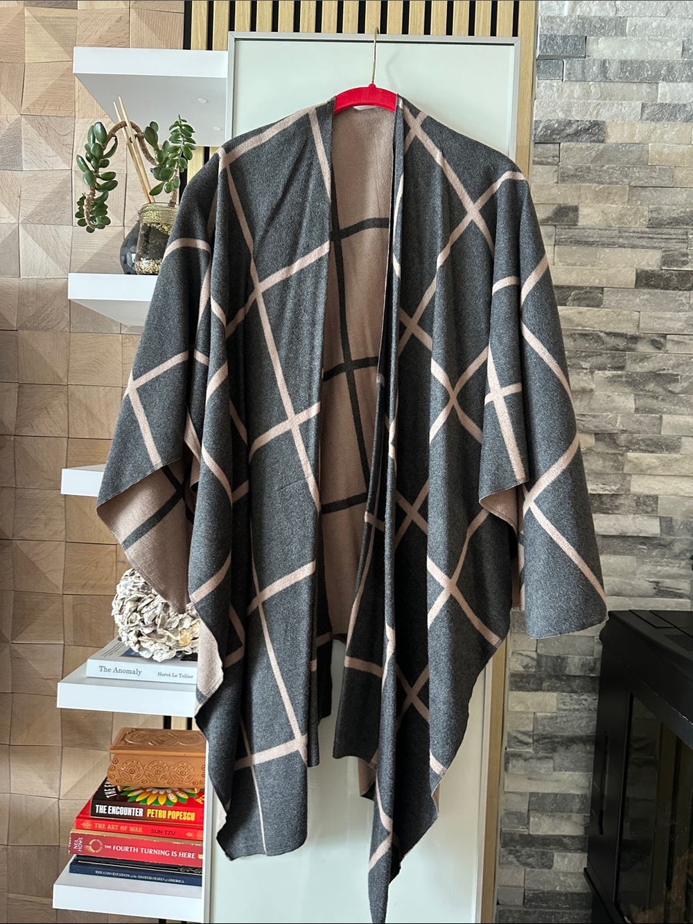 Reversible Gray & Beige Windowpane Women's pocho